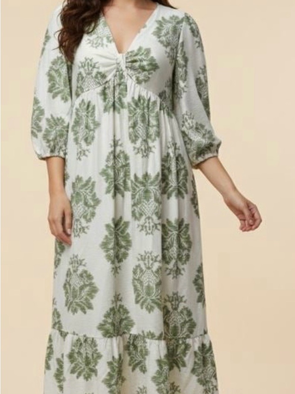 Hayden Cream Dress with Olive Green Botanical Print